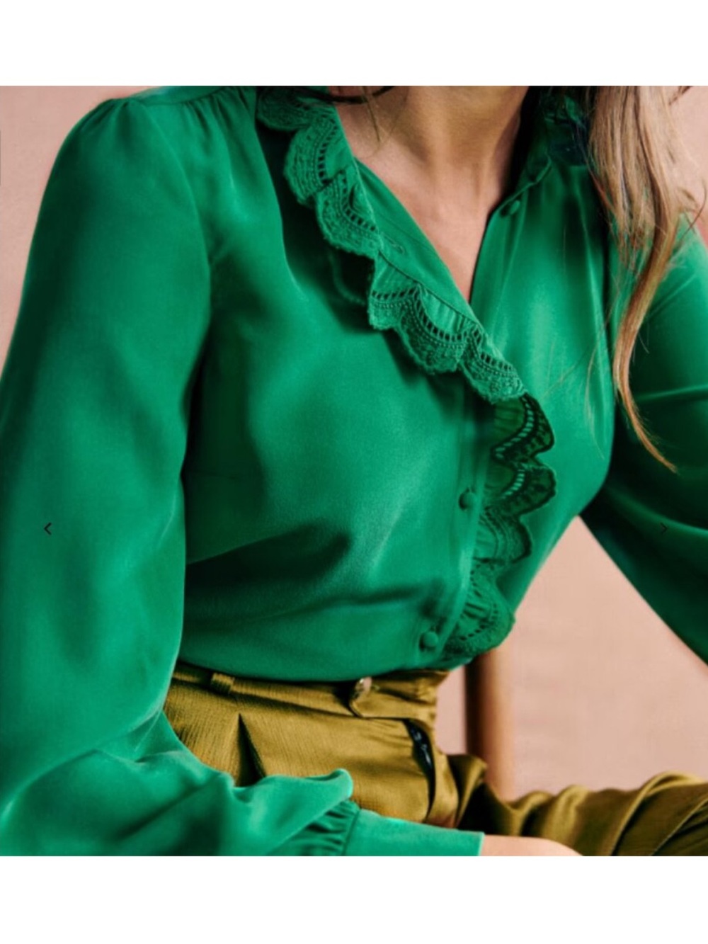 Sezane Chlo Lace Blouse Button Front Long Sleeve Ruffle Silk Flash Green Size Xs
